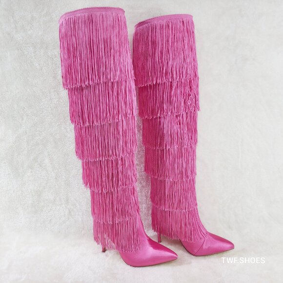 Gogo Fringed Thread Tassle OTK Thigh High Pink Satin High Heel Boots - Picture 3 of 14